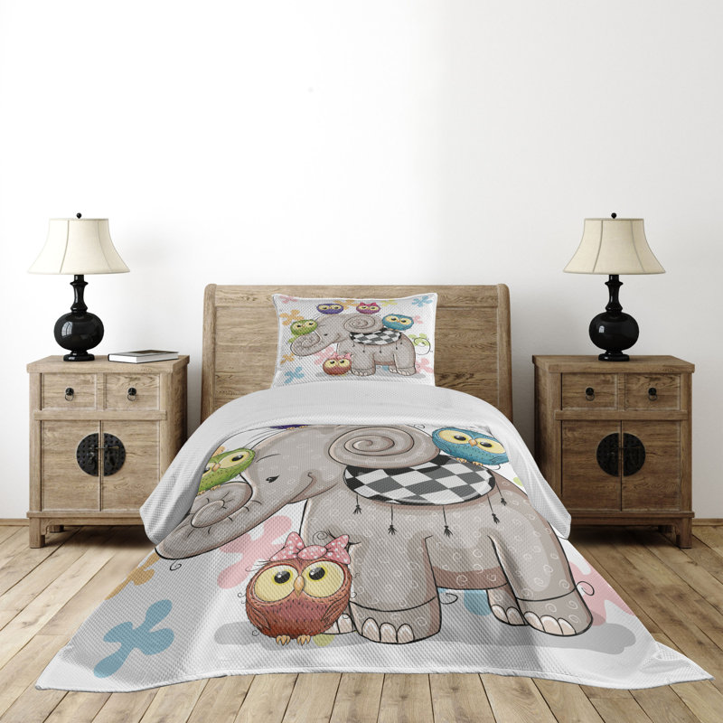 Kids Unisex White Quilted Bedspread Set with Owl Design