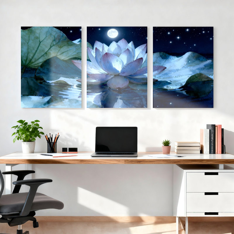 Ensemble de 3 tableaux muraux sur toile représentant des fleurs de lotus au clair de lune, H 30 po x l 60 po