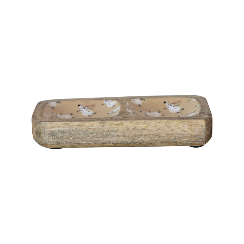 Enameled Mango Wood Tray With 2 Sections And Snowman Pattern Design