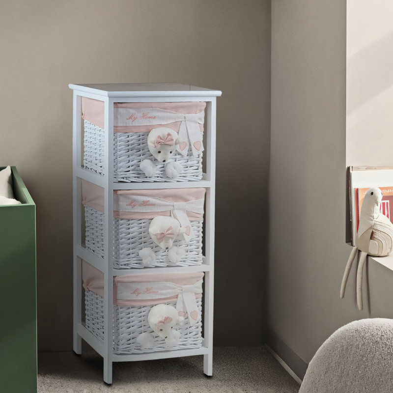 3 Drawer Wooden Cabinet with Wicker Storage Baskets and White Bear Design for Home Organization