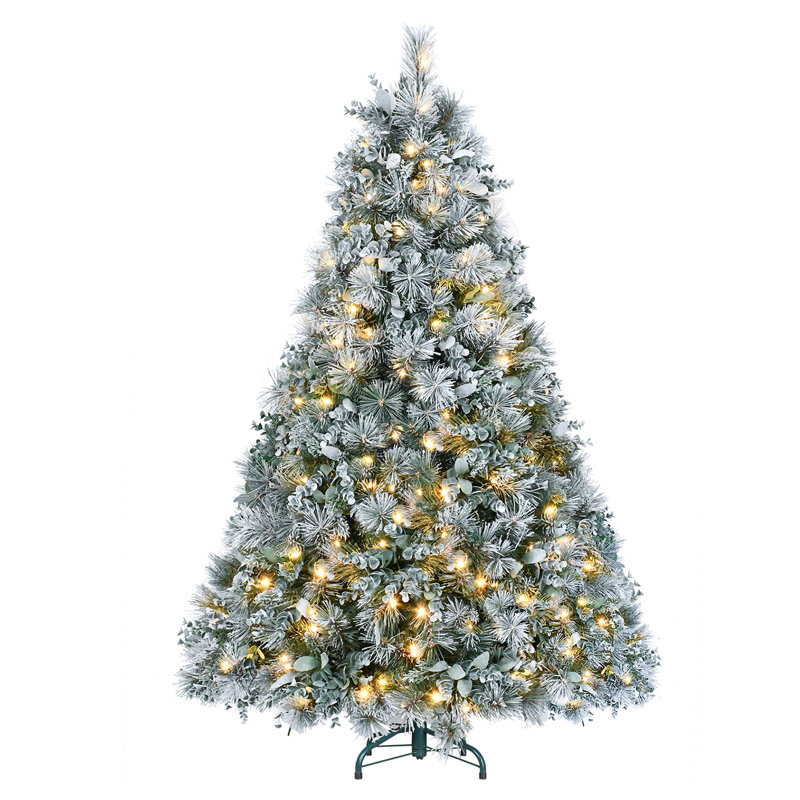 Arbre de Noël floqué avec pin et eucalyptus givré, 150 lumières à DEL blanc chaud, 404 pointes épaisses, assemblage à charnières pour utilisation saisonnière, feuilles artificielles et eucalyptus, éclairage, branche réaliste