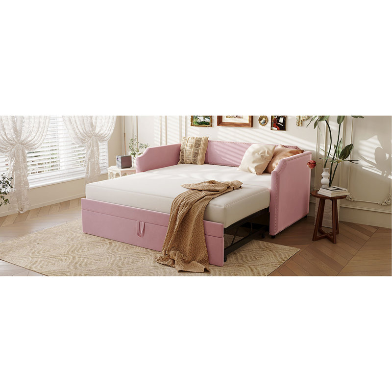 Twin Size Velvet Upholstered Daybed With Pop Up Trundle, Pink, Pink