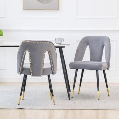Modern Velvet Upholstered Dining Chair With Nailheads And Metal Legs, Set Of 2