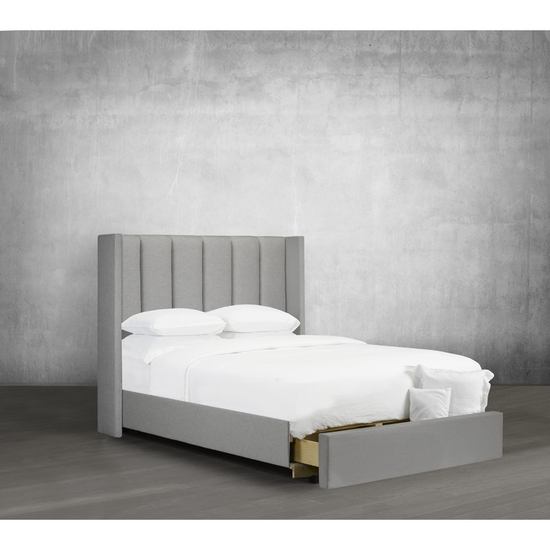 Lit plateforme tapissier capitonné avec rangement à profil bas, Gris, Grand