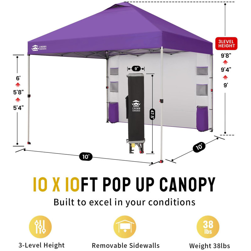CROWN SHADES 10 Ft. W x 10 Ft. D Steel Pop-Up Canopy with Center Lock, Storage Pocket Sidewall, and Carry Bag, Purple, Purple