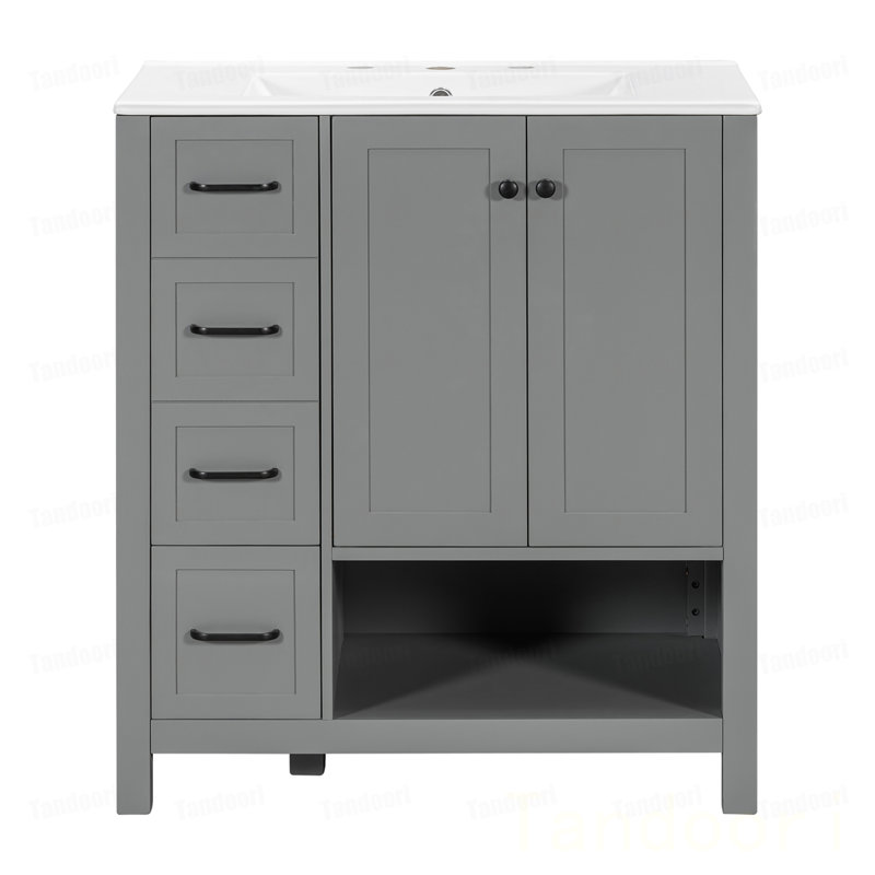Meuble-lavabo de salle de bain avec comptoir, meuble-lavabo avec deux portes et deux tiroirs, bois massif, tablette ouverte, panneaux de fibres à densité moyenne, un paquet, gris