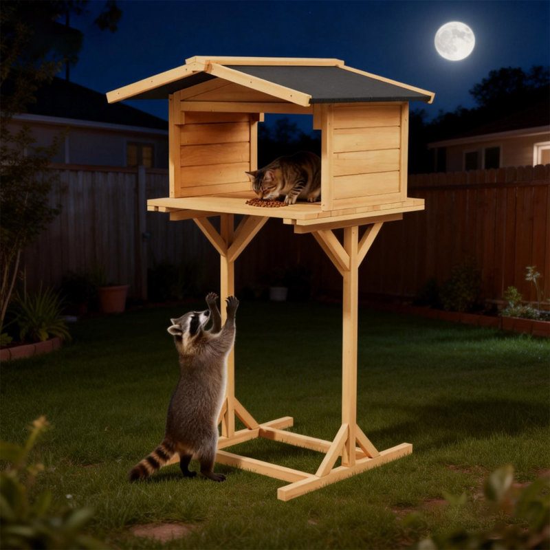 Plate-forme surélevée stable pour chat, station d'alimentation pour chat sauvage imperméable, naturel