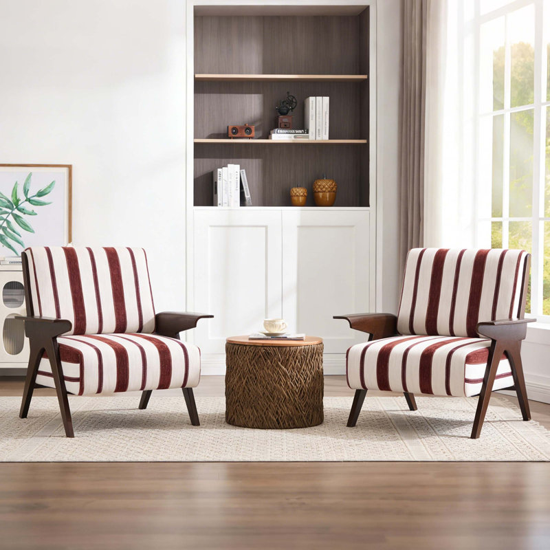 Fauteuil moderne avec accoudoirs élargis et structure en bois massif, Blanc/rouge