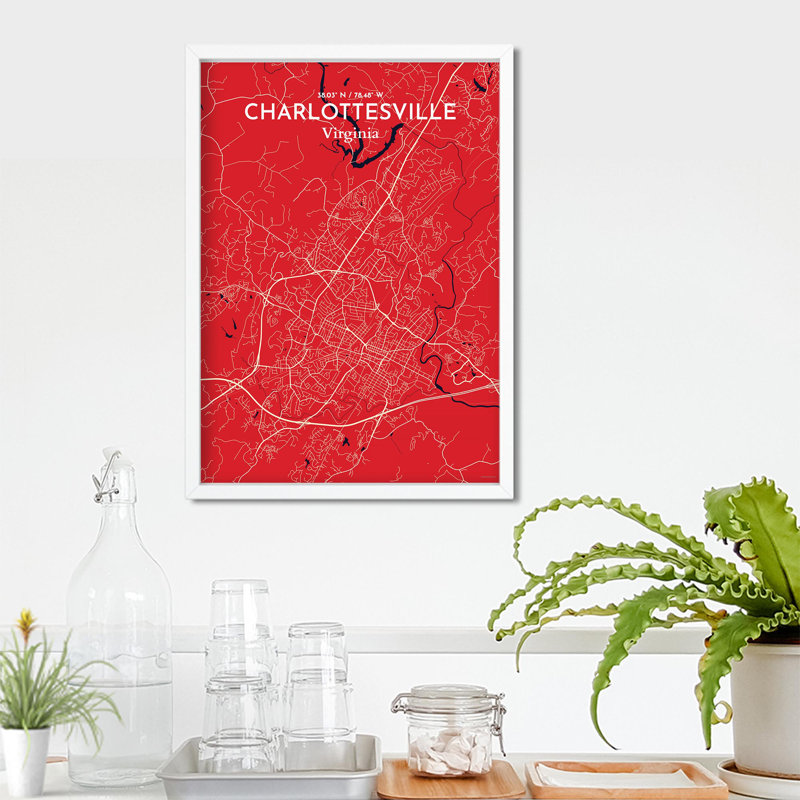 Charlottesville, carte de la ville, impression graphique, H 27,6 po x l 19,7 po x P 0,05 po, Rouge / bleu marine
