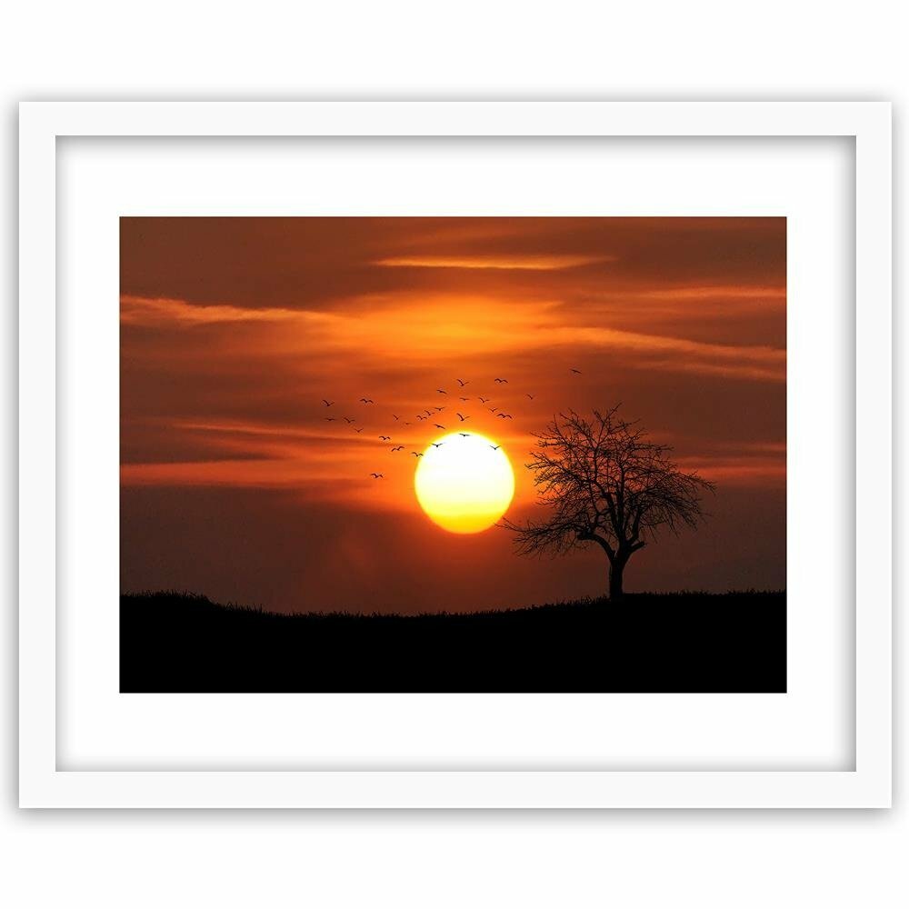 Gerahmter Fotodruck Baum, Vögel und Sonnenuntergang