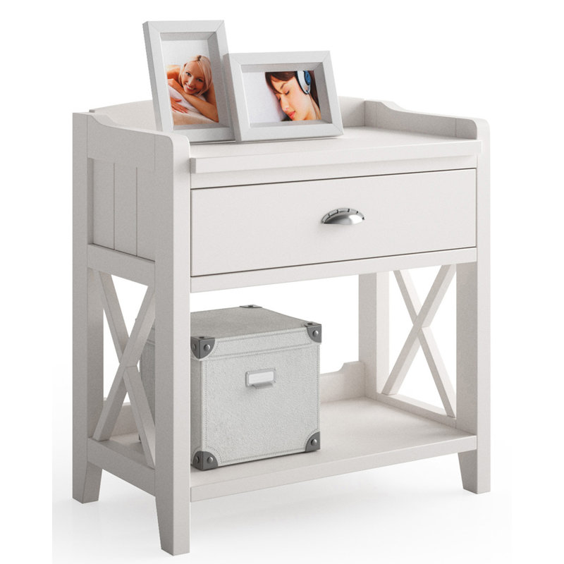 Maybeck 65cm W Solid + Manufactured Wood Bedside Table, Distressed White