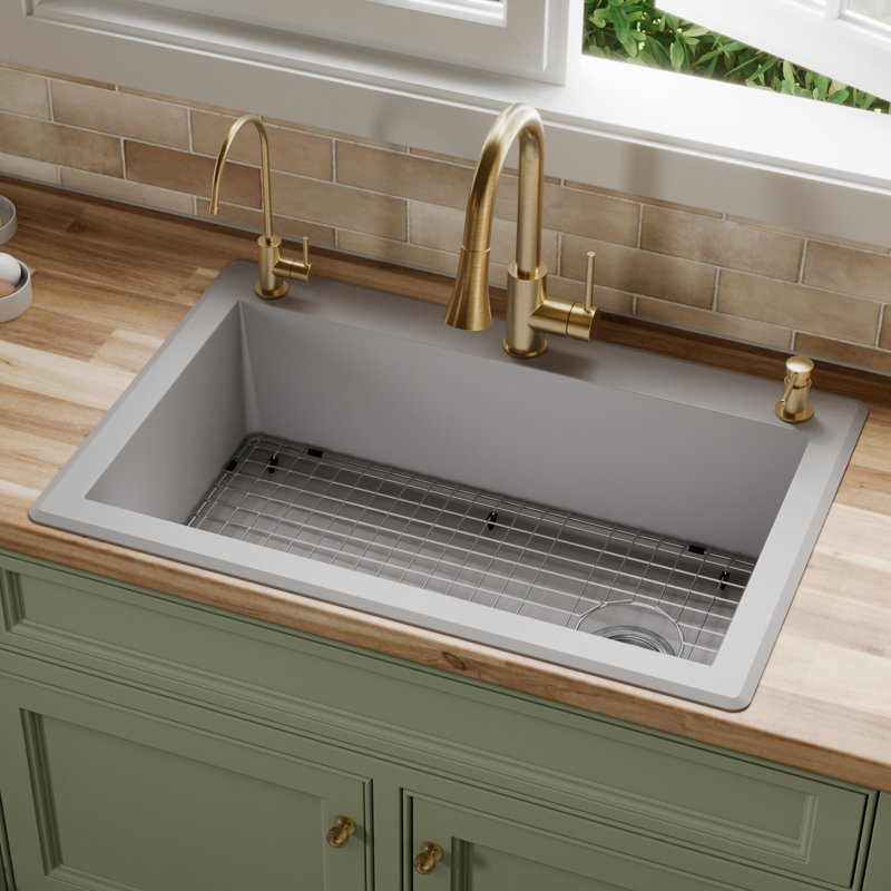 Ensemble d'évier de cuisine à simple cuve encastrable 33 po x 22 po Karran Quartz, Gris