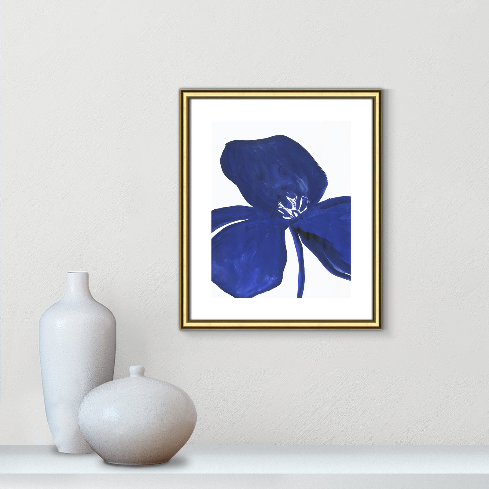 Clarisse "Indigo Petal II" Painting, Gold Framed Paper, 20.25" H x 17.25" W x 0.88" D