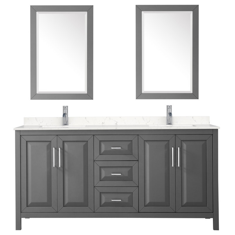 Daria 72'' Double Bathroom Vanity with Carrara Marble Top with Mirror, Polished Chrome, Dark Gray
