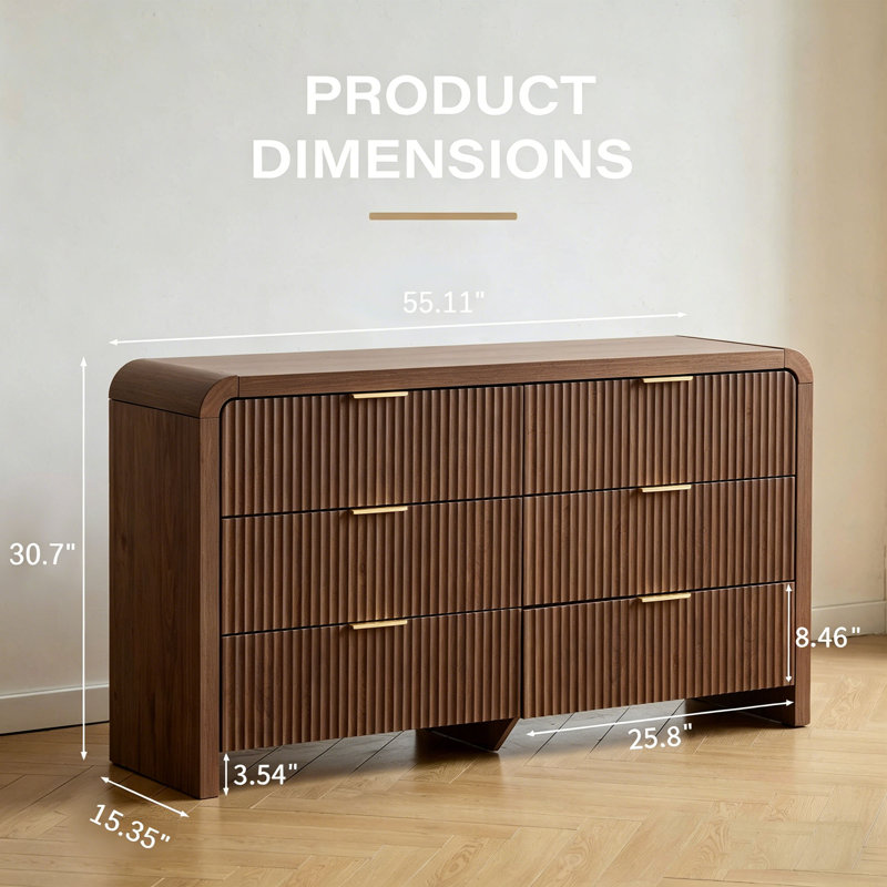 55" Modern Fluted 6 Drawer Dresser, Sculpted Texture & Waterfall Corners, Wood Bedroom Dresser, Walnut