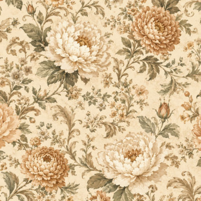 Rouleau de papier peint adhésif amovible à motif floral rétro avec motif de pivoines brunes beiges et l 17,7 po x H 118 po