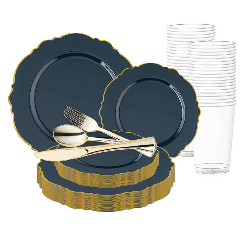 Ensemble de 60 pièces en plastique jetable bleu marine à bordure dorée, motif floral rond - Valeur pour mariage