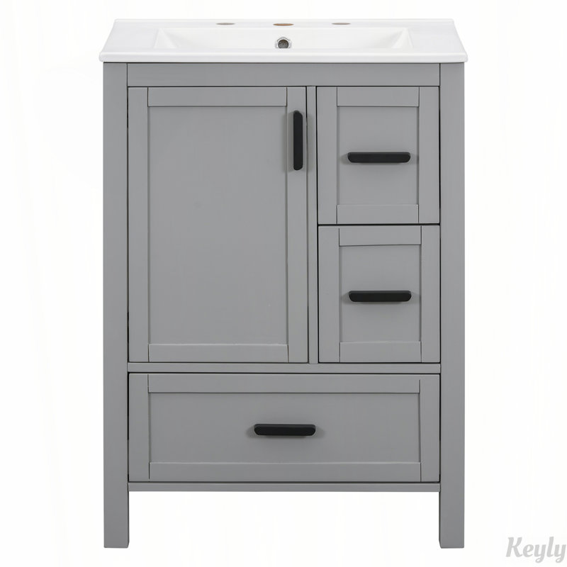 Meuble-lavabo de 24 po avec lavabo en céramique, porte à fermeture douce, tablette et tiroirs, Gris