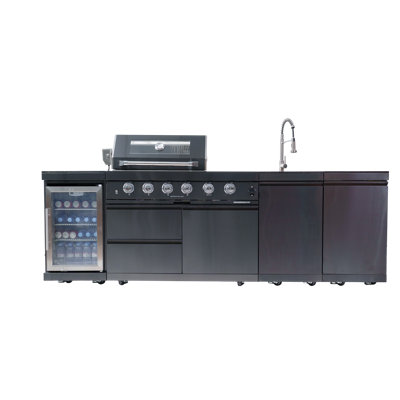 104" W 4-Burner Propane Gas Grill Island with Side Burner, Rotisserie and Outdoor Rated Refrigerator and Sink