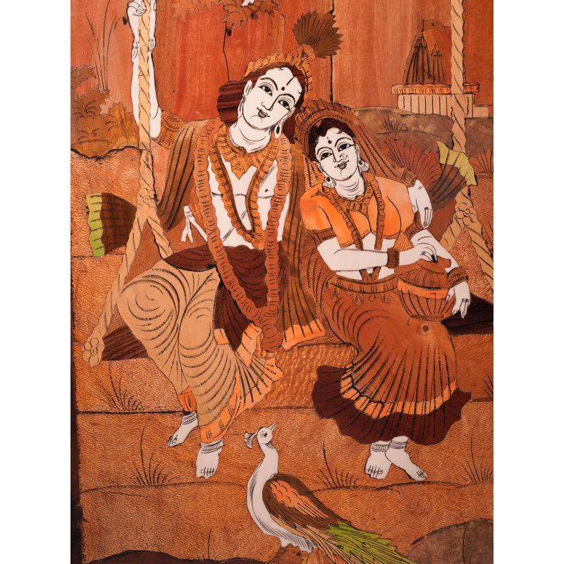Radha Krishna de 31 pouces fabriqué à la main sur panneau de balançoire avec incrustation de moresore