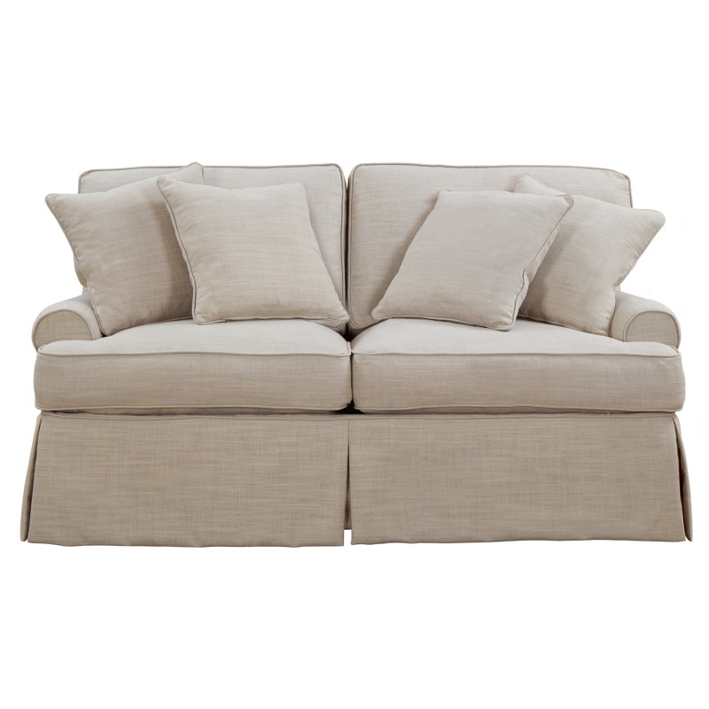 Wesham 60" Cotton Round Arm Slipcovered Loveseat with Reversible Cushions, Cream Polyester Blend