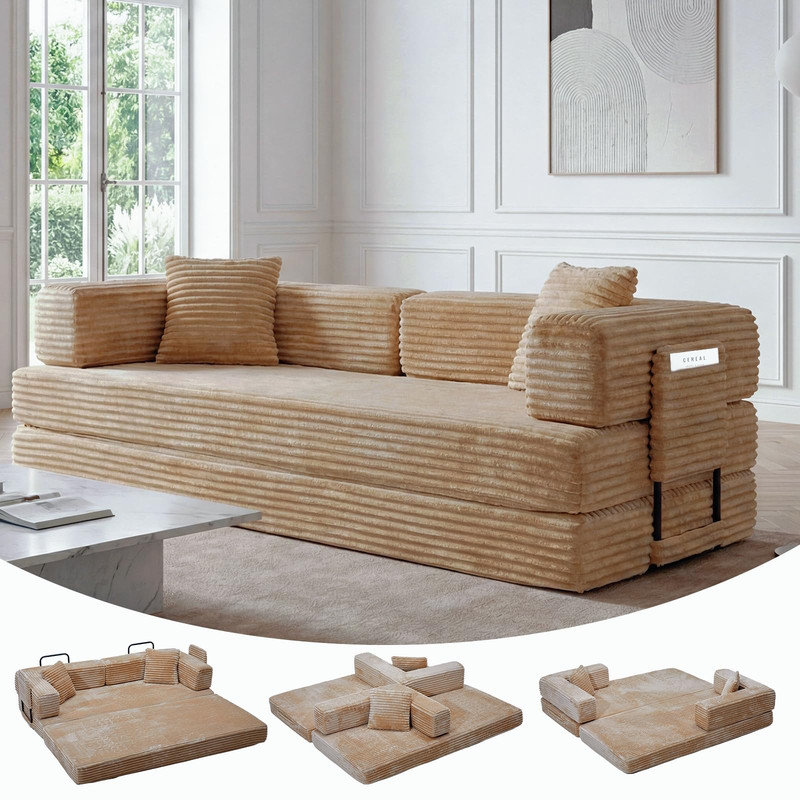 Canapé-lit 80,7 po en velours côtelé avec rangement, causeuse convertible pour petits espaces, Beige