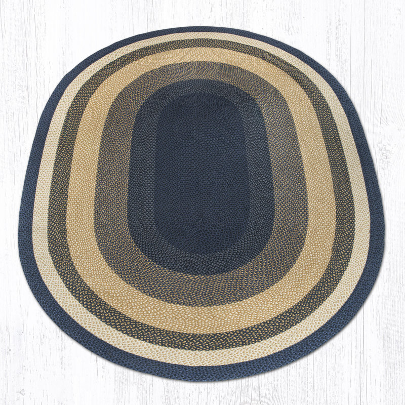 Handmade Oval Jute Rug in Light and Dark Blue, Mustard 8' x 11'