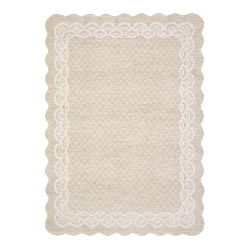 Machine Washable Scalloped Area Rugs Modern Bordered Floor Mats, Non-Slip Contemporary Accent Rug, Non Shedding Soft Low Pile Indoor Carpet for Living Room, Bedroom, Kitchen