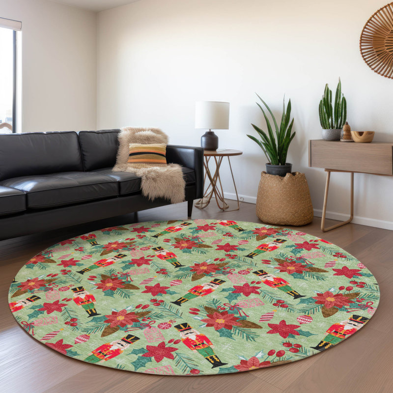 Tapis de Noël casse-noisette intérieur / extérieur lavable à la machine Xhevrie Aloe, Rond 8 pi
