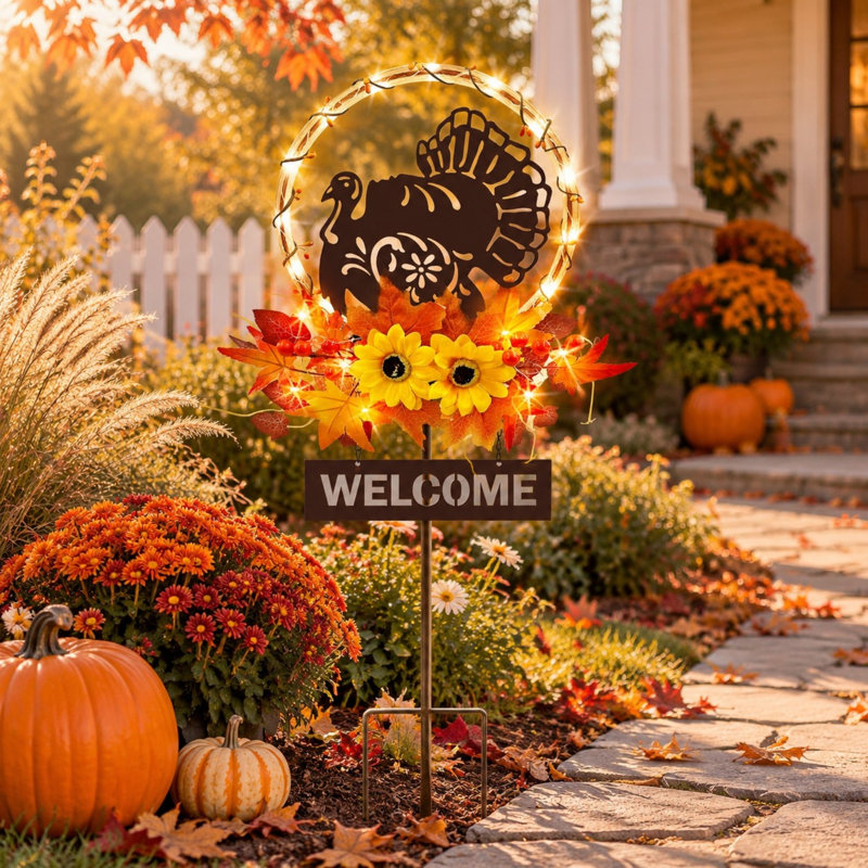 Piquet de jardin solaire de dinde de l'Action de grâce avec panneau de bienvenue, décor d'automne extérieur