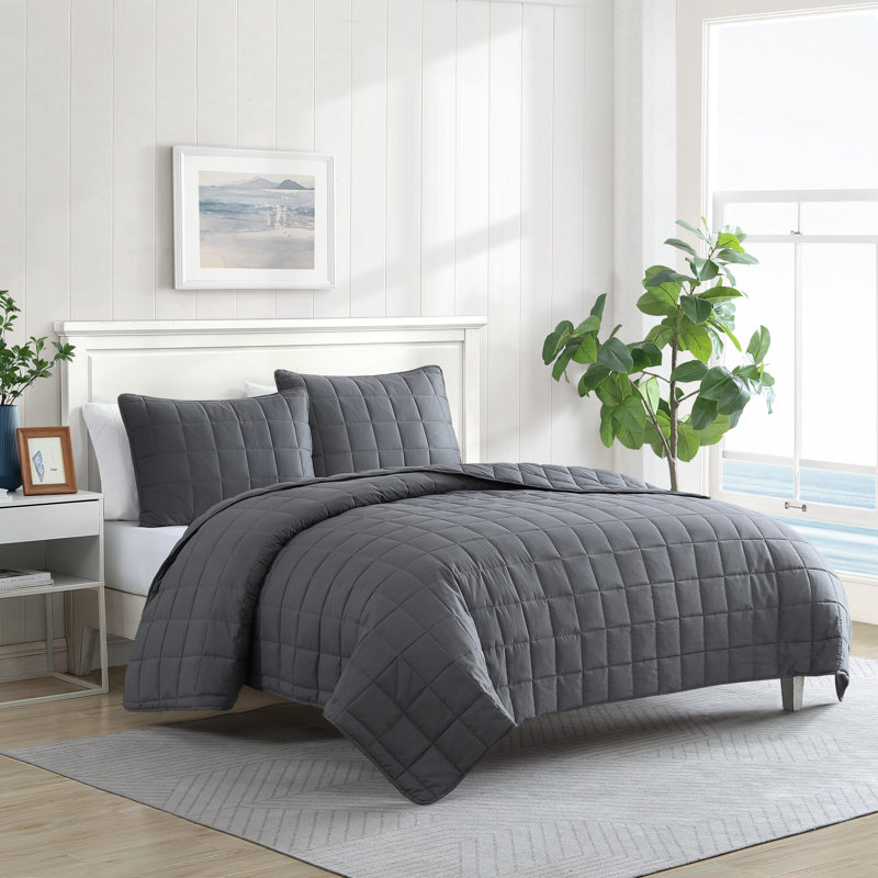 Nautica Solid Brushed Jersey Reversible Quilt Set, Twin Quilt + 1 Standard Sham, Grey