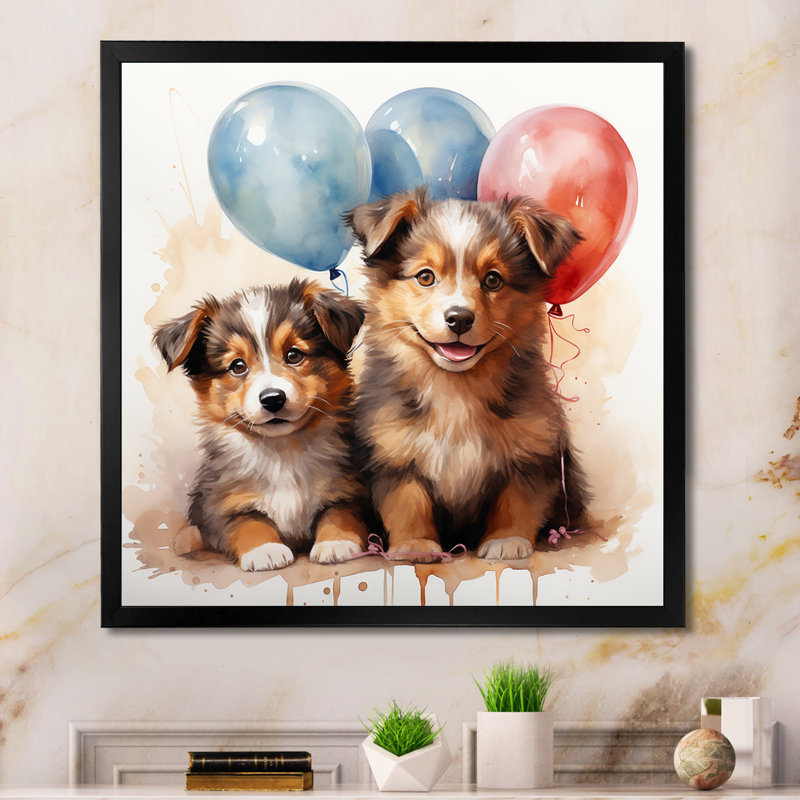 Puppies Parade Balloon Adventure I - Art mural de chambre de bébé, Cadre simple noir, H 36 po x l 36 po x P 1,5 po