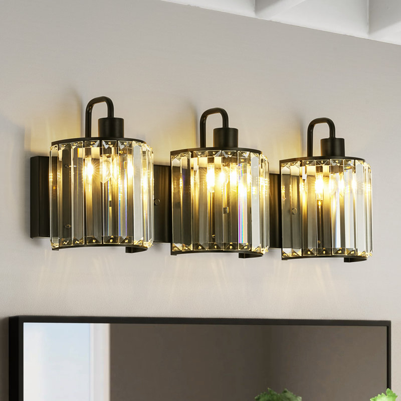 Applique murale moderne à 3 lumières pour salle de bain avec abat-jour en cristal transparent, Noir mat