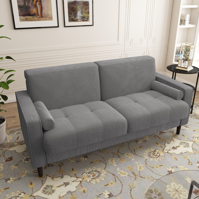 Causeuse à accoudoirs carrés 62,7 po Carmelinda, Velours côtelé gris pâle