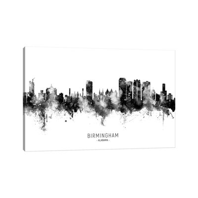 Birmingham Alabama Skyline Name Black & White - Wrapped Canvas Painting