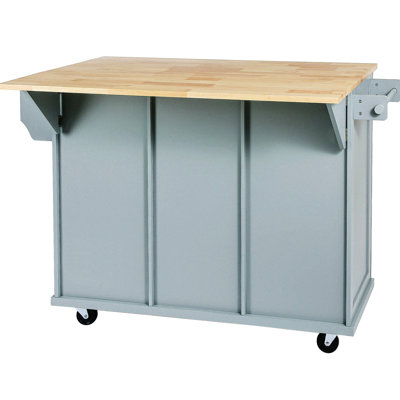 Grey Blue Kitchen Island With Adjustable Shelves & Drop, 5 Wheels, Cart Drop Countertop, For Functional Home Storage