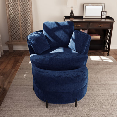 Slipcovered Upholstered Swivel Barrel Chair With Ottoman
