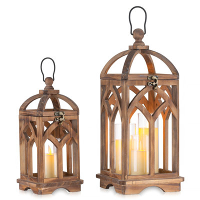 Ensemble de 2 lanternes de style campagnard en bois - 12 "/ 16" en bois rustique