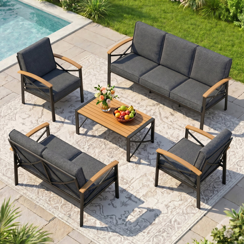 Ensemble de patio pour 7 personnes, ensemble de conversation pour l'extérieur avec coussins résistants aux intempéries, ensemble de mobilier de patio robuste en métal pour la cour, le bord de la piscine