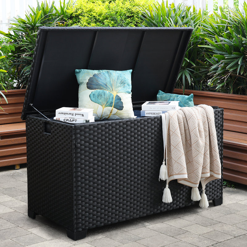 Rattaner Resistant Wicker Deck Box with Gas Spring Lid and Zippered Waterproof Inner Bag, Brown, 30" H x 53" W x 28" D