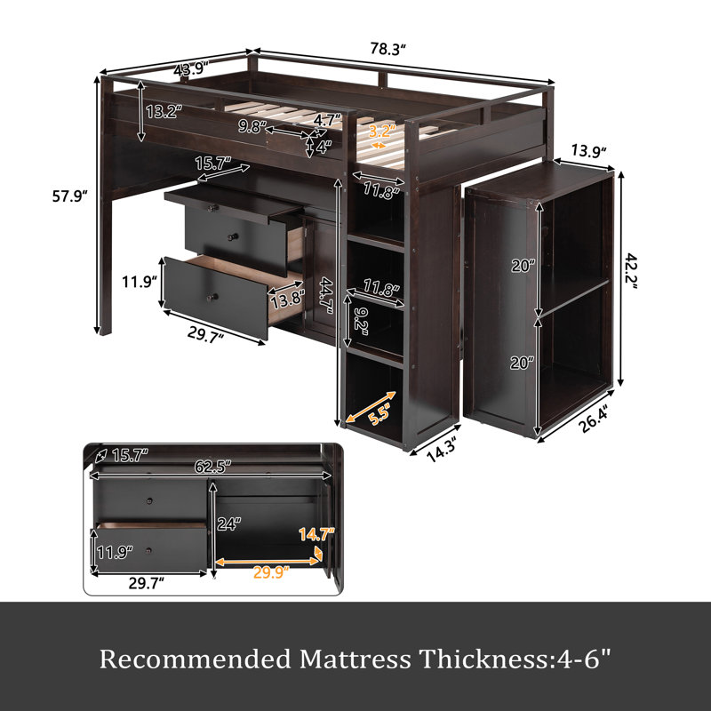 Jugani Kids Twin Loft Bed with Drawers, Espresso