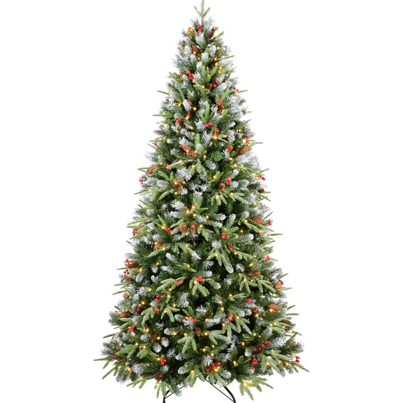 Arbre de Noël de 7,5 pi avec 500 lumières à DEL blanc chaud, branches en PE + aux extrémités enneigées, baies rouges, pin pour un look hivernal réaliste avec support stable pour les fêtes