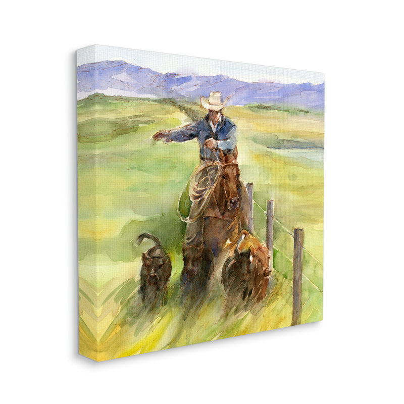 Cowboy avec bovins aquarelle par John Keeling, H 24 po x l 24 po x P 1,5 po