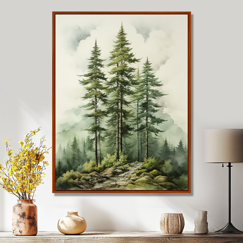 Vert arbre vert Eternal Guardians II - arbre pin, art mural encadré, H 32 po x l 24 po x P 1 po, Cadre flottant brun