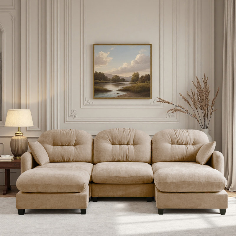 Canapé modulaire en U avec repose-pieds et canapé en chenille, Chenille chameau