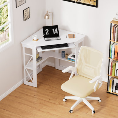 2-Piece Corner Computer Desk And Ergonomic Mesh Office Chair Set, L-Shaped Home Office Workstation With Storage Shelves And Adjustable Swivel Task Chair With Wheels, Space-Saving Study Writing Desk For Bedroom, Gaming, Small Office