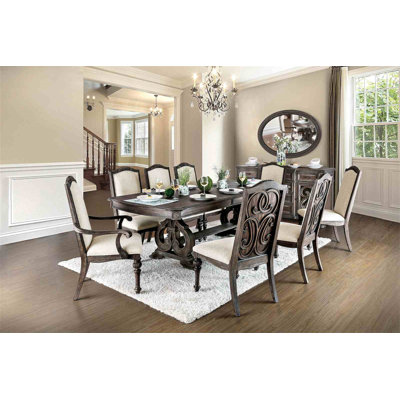 Dining Room 9Pc Set Table W Leaf And 6X Side Chairs 2X Arm Chairs Ivory Fabric Upholstered Seat Natural Tone