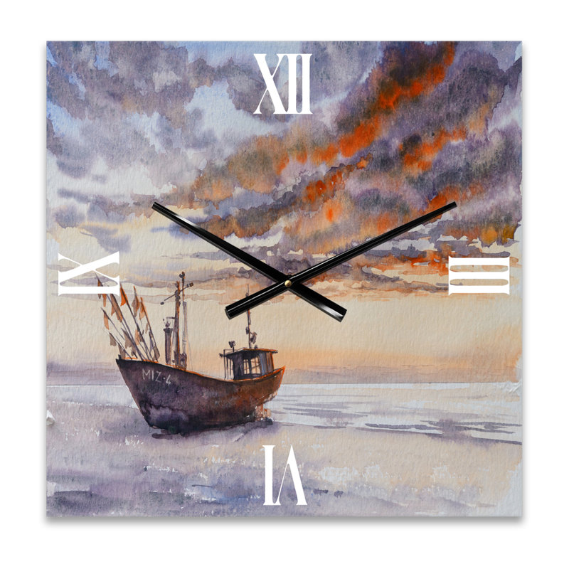 Horloge murale nautique et côtière, bateau de pêche en bois sur la côte baltique, Petit