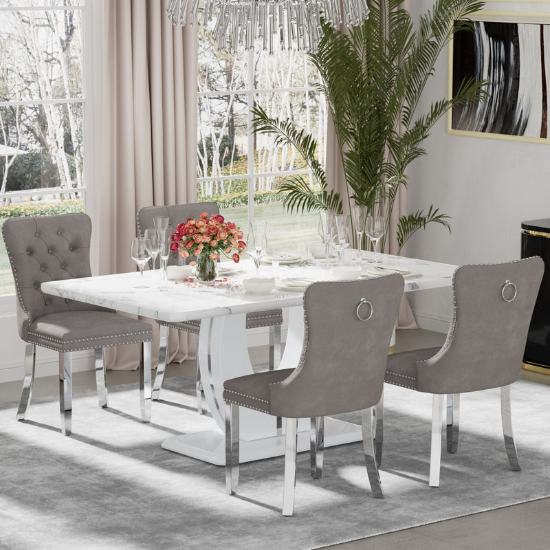 Ensemble de table de salle à manger rectangulaire, 5, Gris, Blanc / argenté