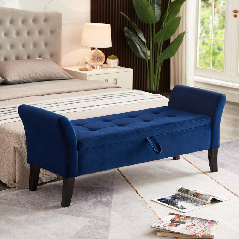 Banc de bout en velours bleu marine avec rangement - 51,5 po de longueur, canapé de salon de style moderne